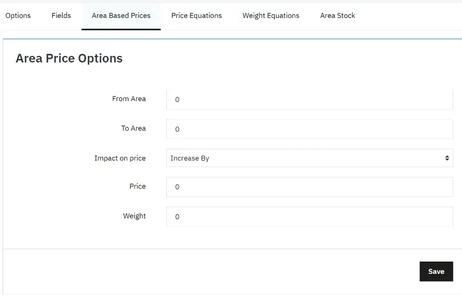 Setting up Price By Size > Area Based Prices