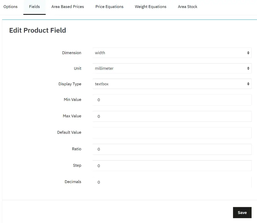 Setting up Price By Size > Product Fields