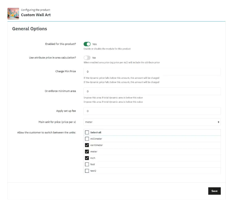 Setting up Price By Size > Product Options