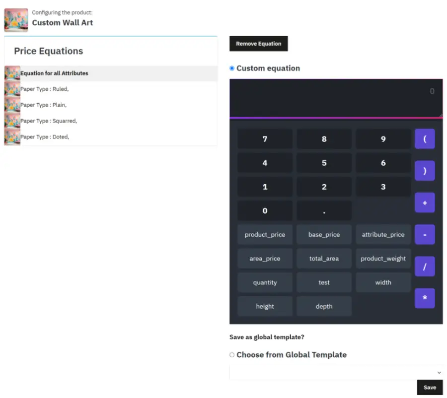 Setting up Price By Size > Price Equations