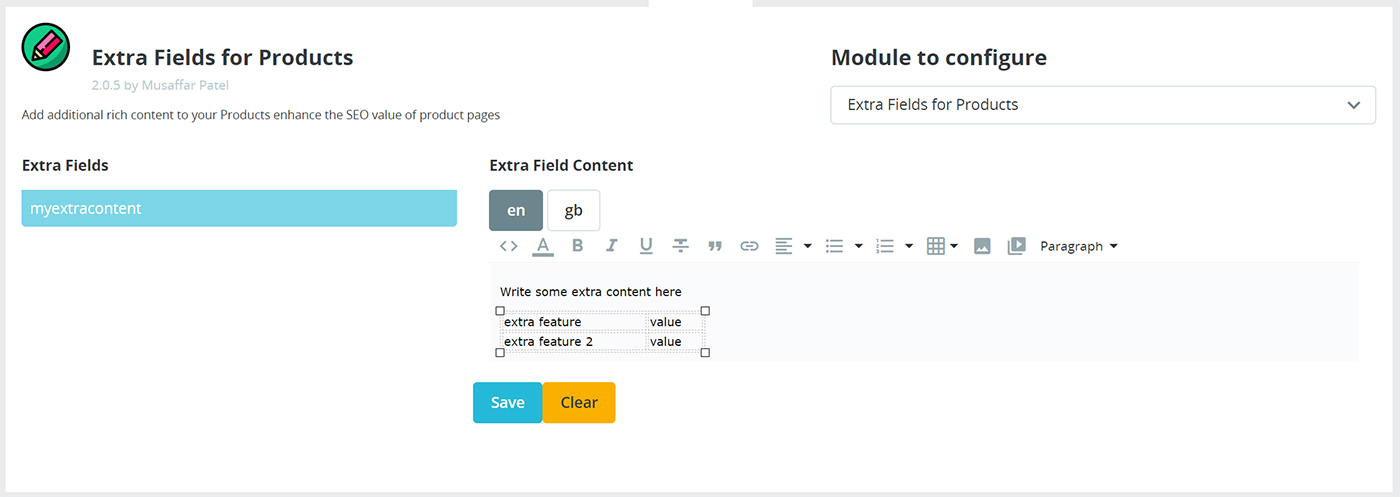 Adding extra field content to a product