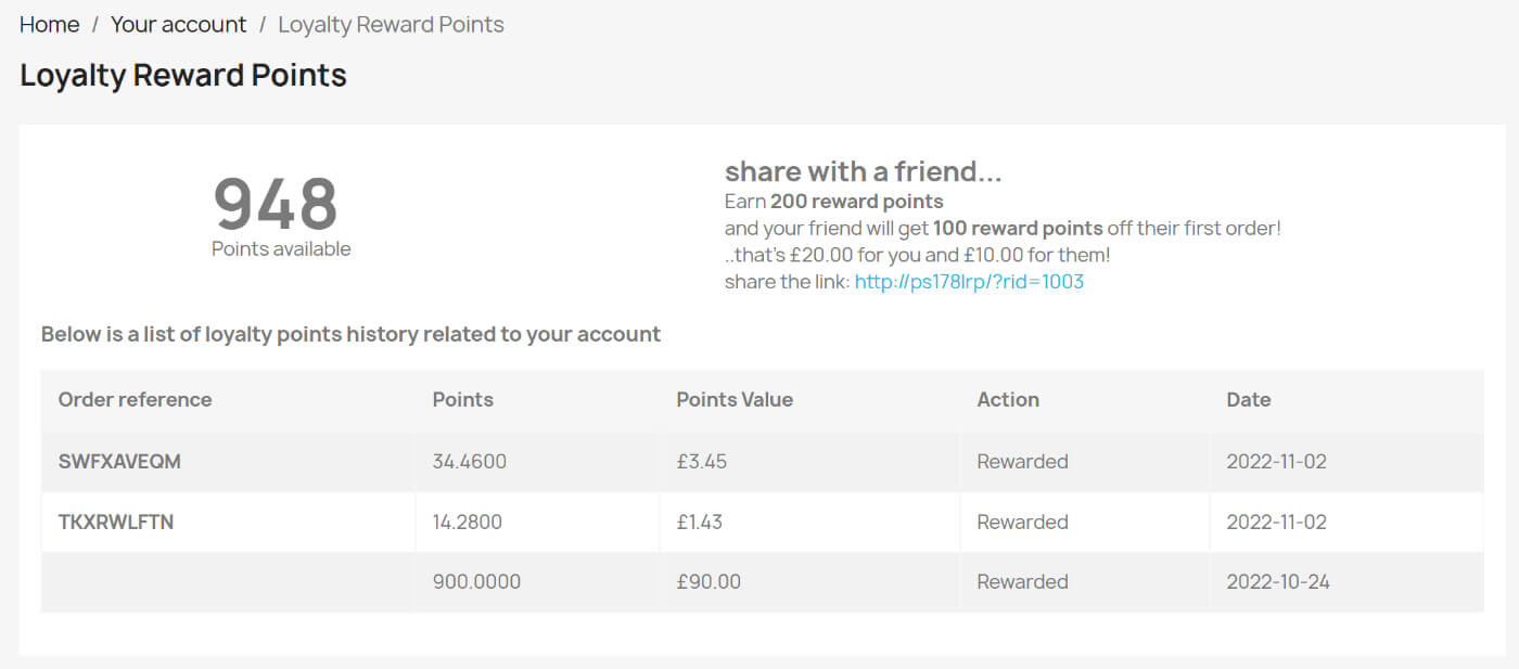 Loyalty Reward Points Customer Account Page