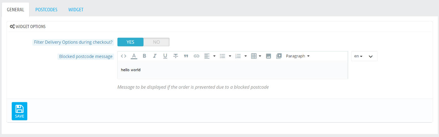 Postcode blocker general tab