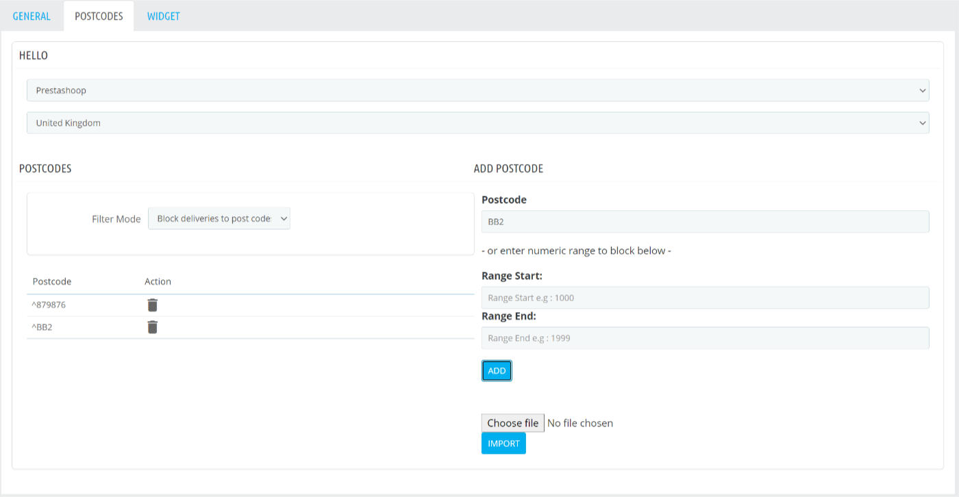 Postcode blocker Add Postcodes