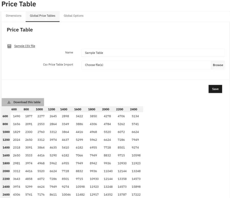Importing a global price table