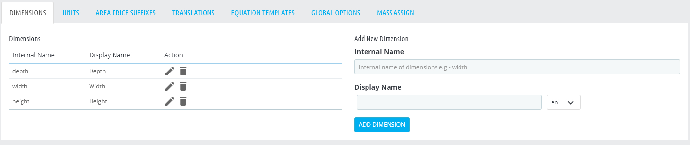 Configuring the dimensions