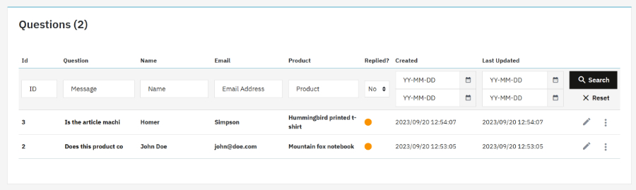 Viewing the product questions